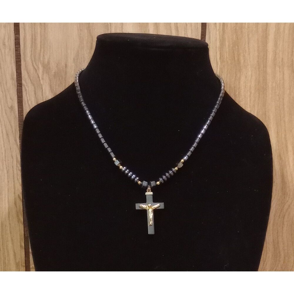 Hematite Gold Tone Cross Pendant 18" Beaded Necklace